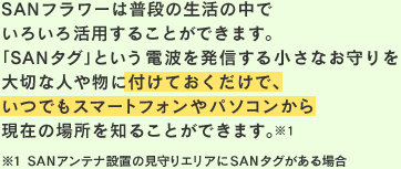 SANフラワーは普段の生活の中でいろいろ活用することができます。「SANタグ」という電波を発信する小さなお守りを大切な人や物に付けておくだけで、いつでもスマートフォンやパソコンから現在の場所を知ることができます。SANアンテナ設置の見守りエリアにSANタグがある場合